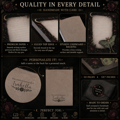 Gothic floral luna moth notepad with burgundy roses, celestial moon details, lined writing space, and 50 tear-off pages for readers and writers.