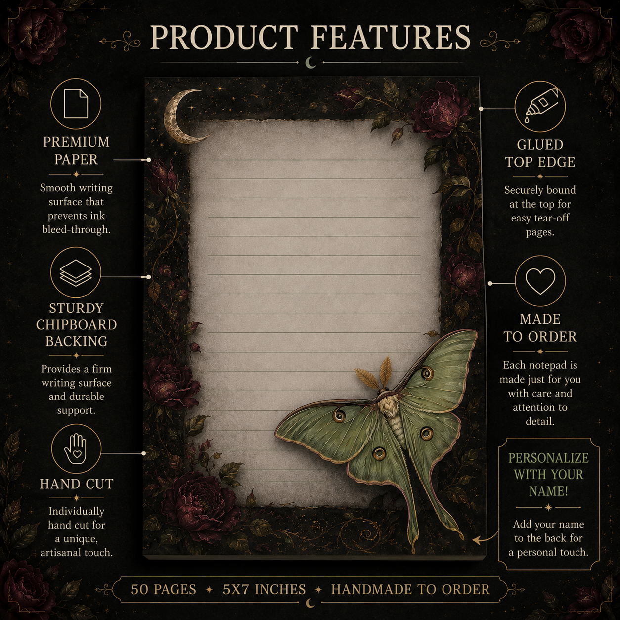 Luna moth themed notepad displayed in a cozy reading setup with books, candlelight, and vintage stationery for journaling and daily planning.