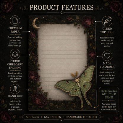 Luna moth themed notepad displayed in a cozy reading setup with books, candlelight, and vintage stationery for journaling and daily planning.