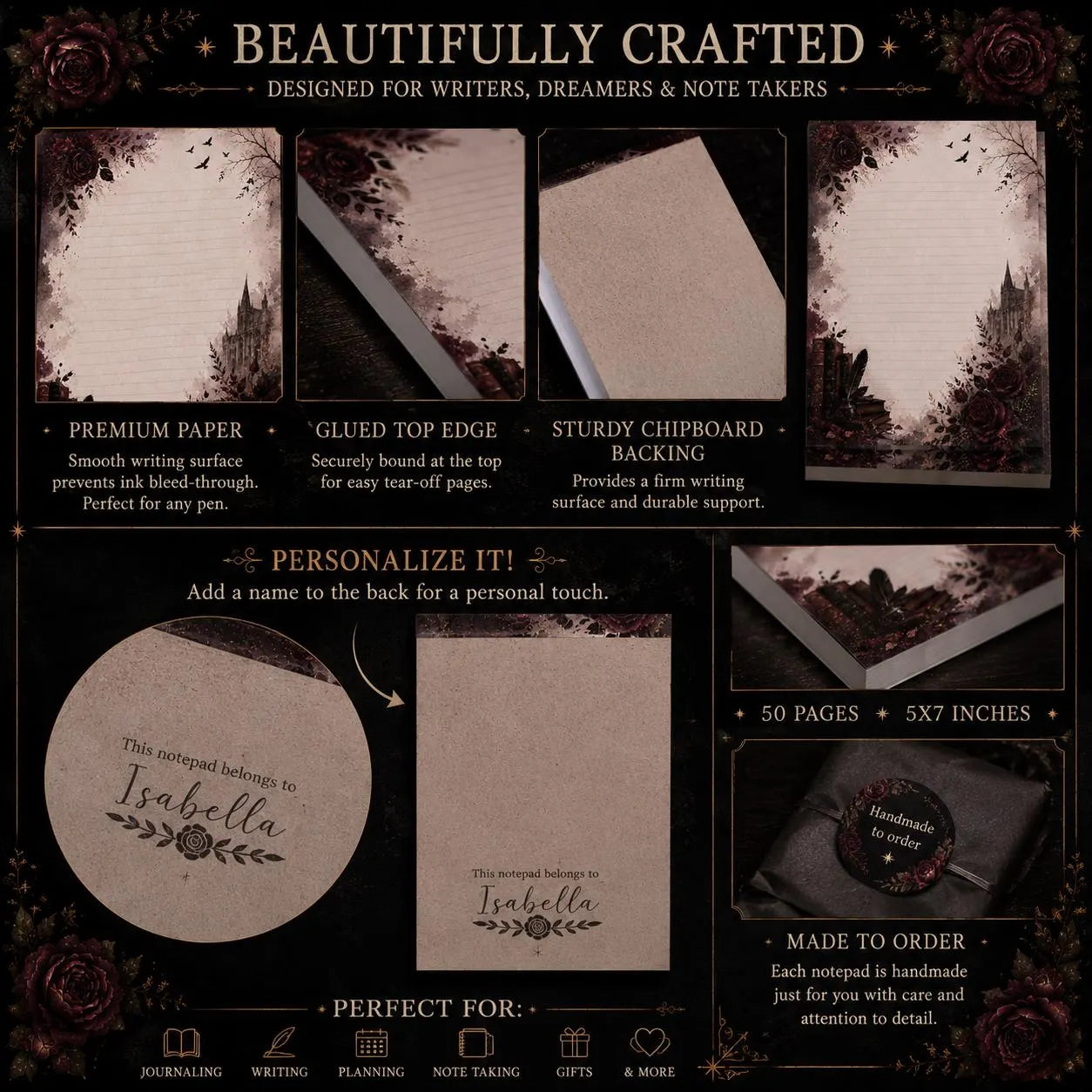 A product information collage for a gothic-themed notepad set. The collage features six panels with gothic illustrations of a castle and a woman in a black dress, showing the front cover, interior pages, sticky top edge, chipboard backing, circular sticker, and personalized note pad.