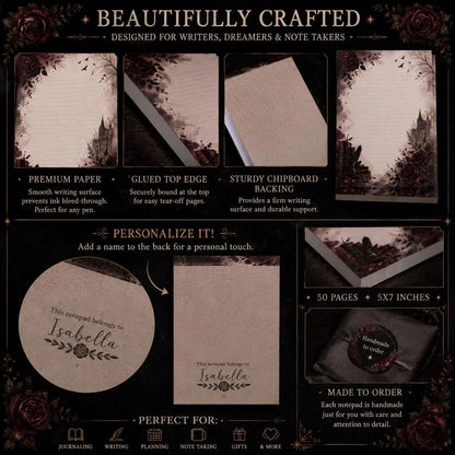 A product information collage for a gothic-themed notepad set. The collage features six panels with gothic illustrations of a castle and a woman in a black dress, showing the front cover, interior pages, sticky top edge, chipboard backing, circular sticker, and personalized note pad.