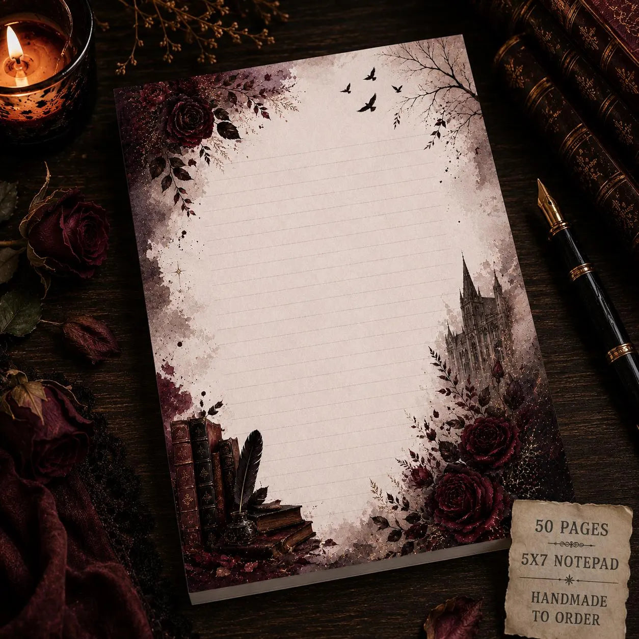 Gothic Rose Library 5x7 handmade lined notepad featuring antique books, cathedral architecture, ravens, ink quill, and burgundy roses