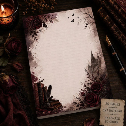 Gothic Rose Library 5x7 handmade lined notepad featuring antique books, cathedral architecture, ravens, ink quill, and burgundy roses