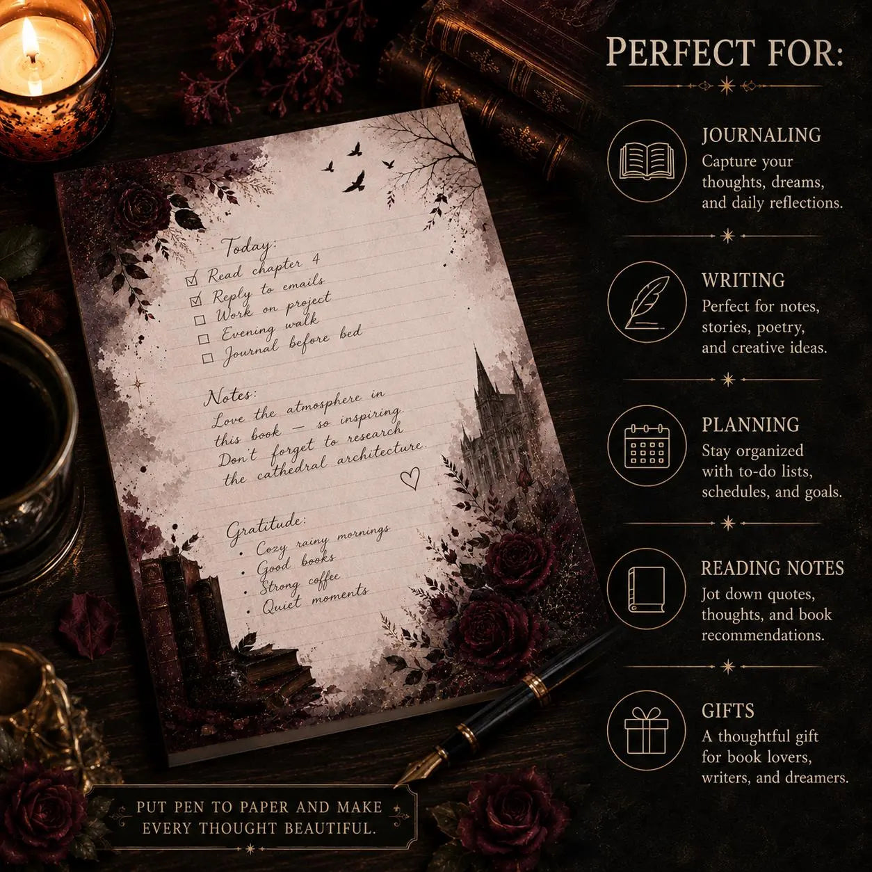 Dark academia lined notepad with premium paper, sturdy chipboard backing, glued top edge, and handmade construction