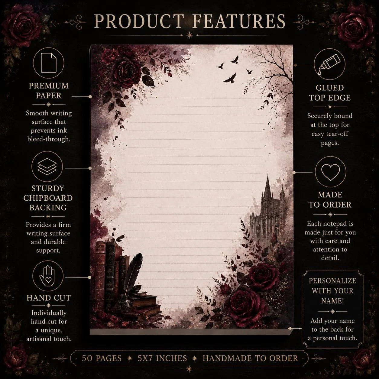 Gothic Rose Library handmade notepad displayed beside candles, vintage books, and fountain pen