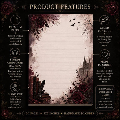 Gothic Rose Library handmade notepad displayed beside candles, vintage books, and fountain pen