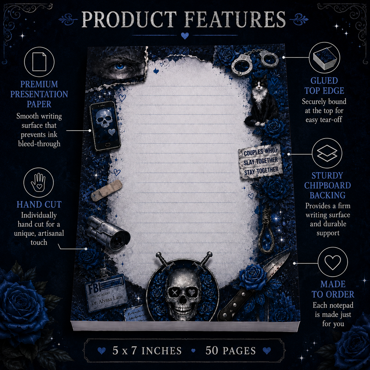 Gothic-themed notepad with decorative elements on a dark background