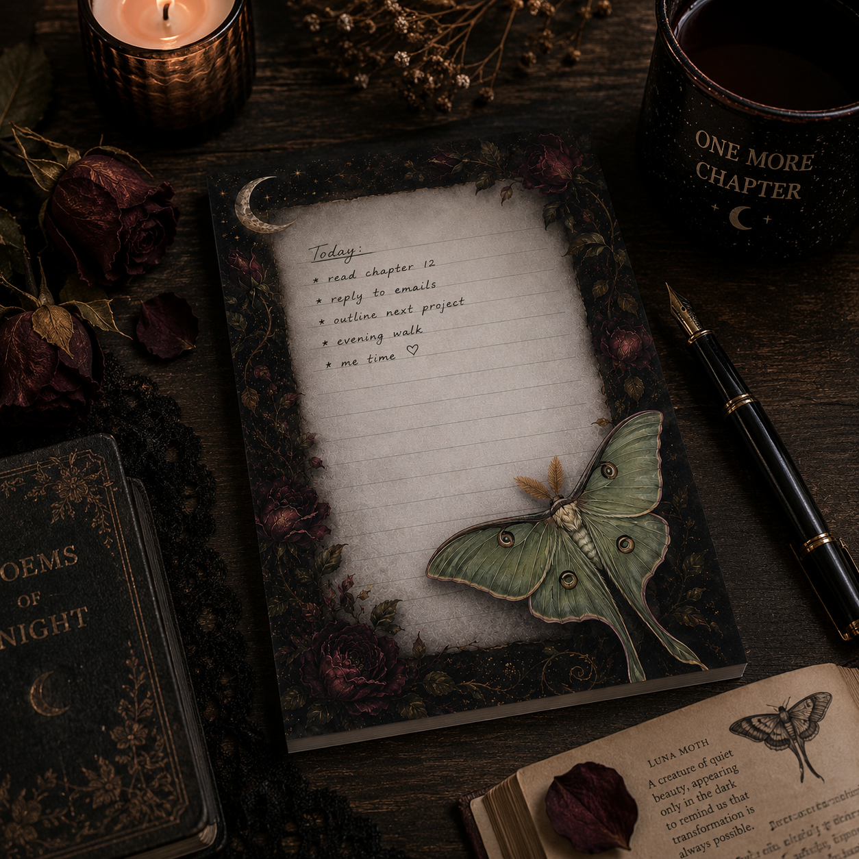 Handmade luna moth notepad showing premium paper, glued top binding, sturdy chipboard backing, personalization option, and made-to-order craftsmanship.