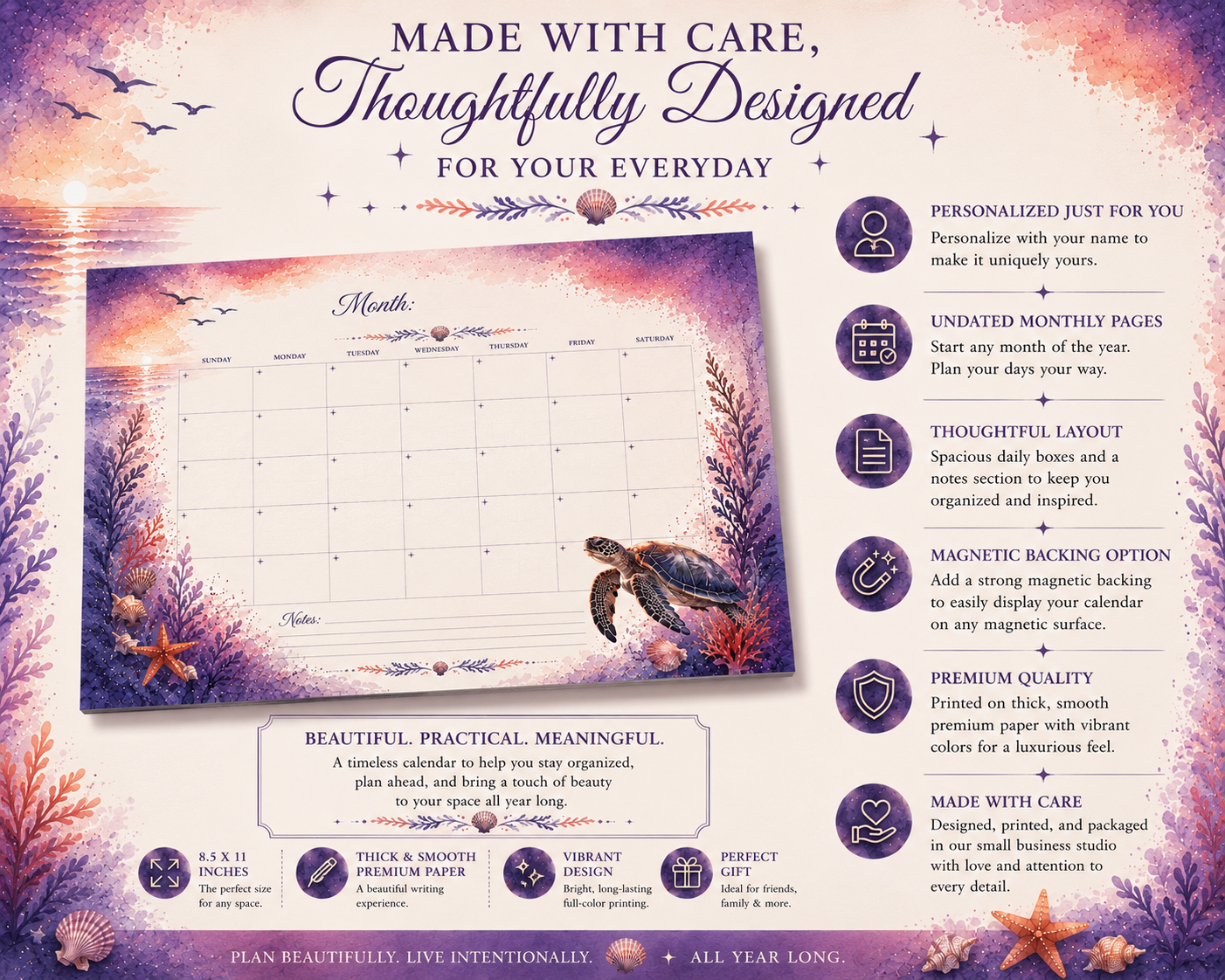 Handmade Ocean Dreams monthly desk calendar highlighting premium materials, small business craftsmanship, personalization options, and matching Ocean Dreams stationery.
