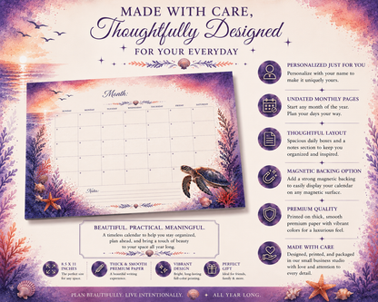 Handmade Ocean Dreams monthly desk calendar highlighting premium materials, small business craftsmanship, personalization options, and matching Ocean Dreams stationery.
