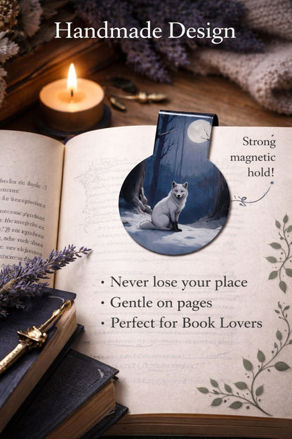 Handmade white fox magnetic bookmark clipped to an open book, showing strong magnetic hold and gentle page protection for readers.
