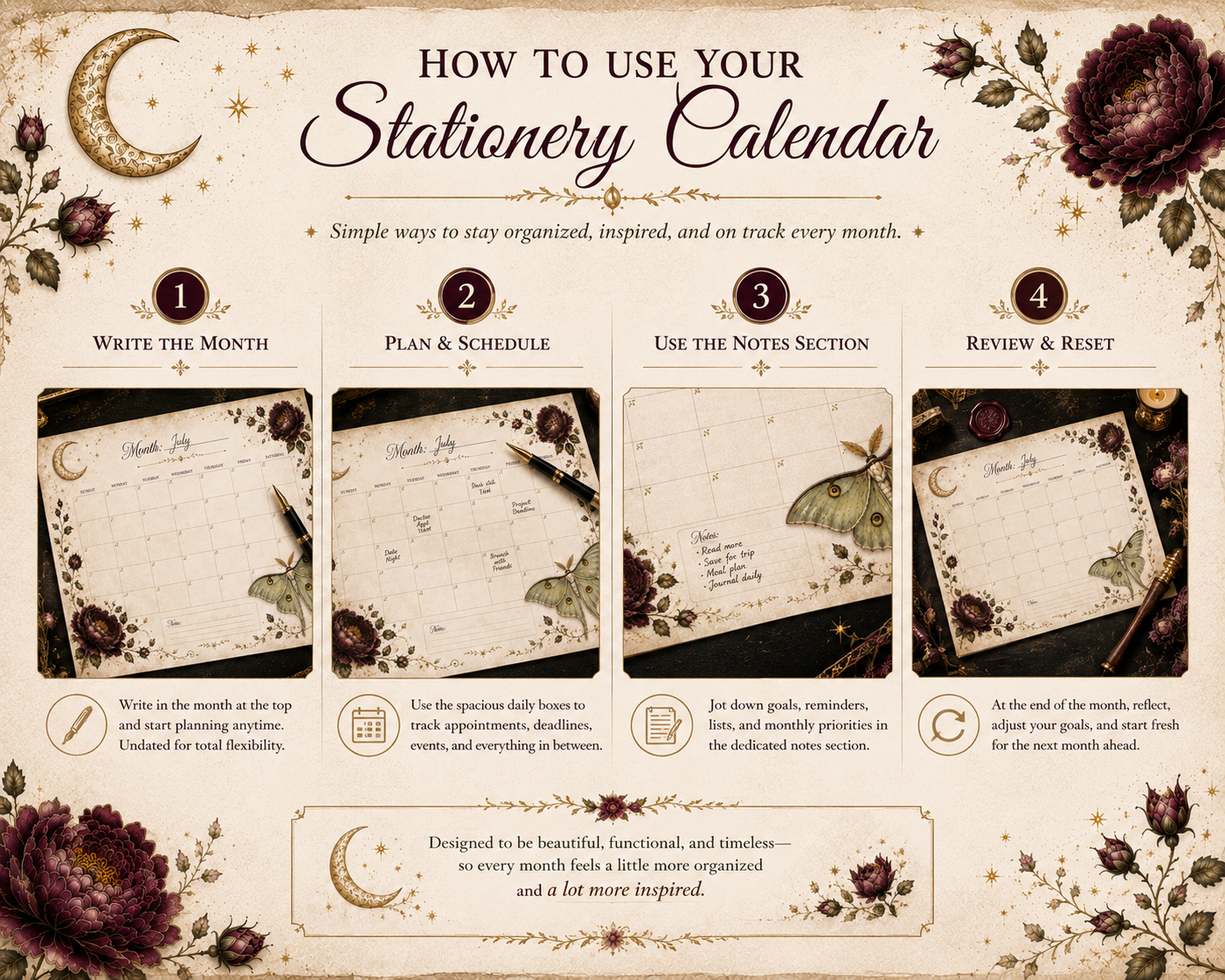 Step-by-step guide showing how to use the undated dark academia monthly desk calendar to organize appointments, reading goals, school assignments, work tasks, and monthly planning.