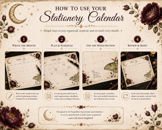 Step-by-step guide showing how to use the undated dark academia monthly desk calendar to organize appointments, reading goals, school assignments, work tasks, and monthly planning.