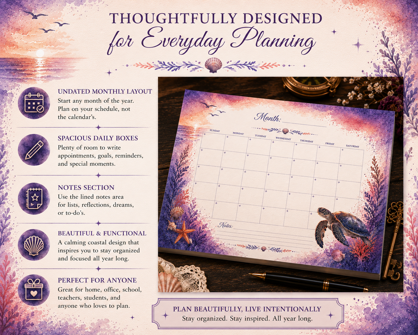 Step-by-step guide showing how to use the Ocean Dreams monthly calendar for planning appointments, reading goals, work tasks, school schedules, and everyday organization.
