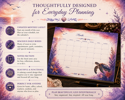 Step-by-step guide showing how to use the Ocean Dreams monthly calendar for planning appointments, reading goals, work tasks, school schedules, and everyday organization.
