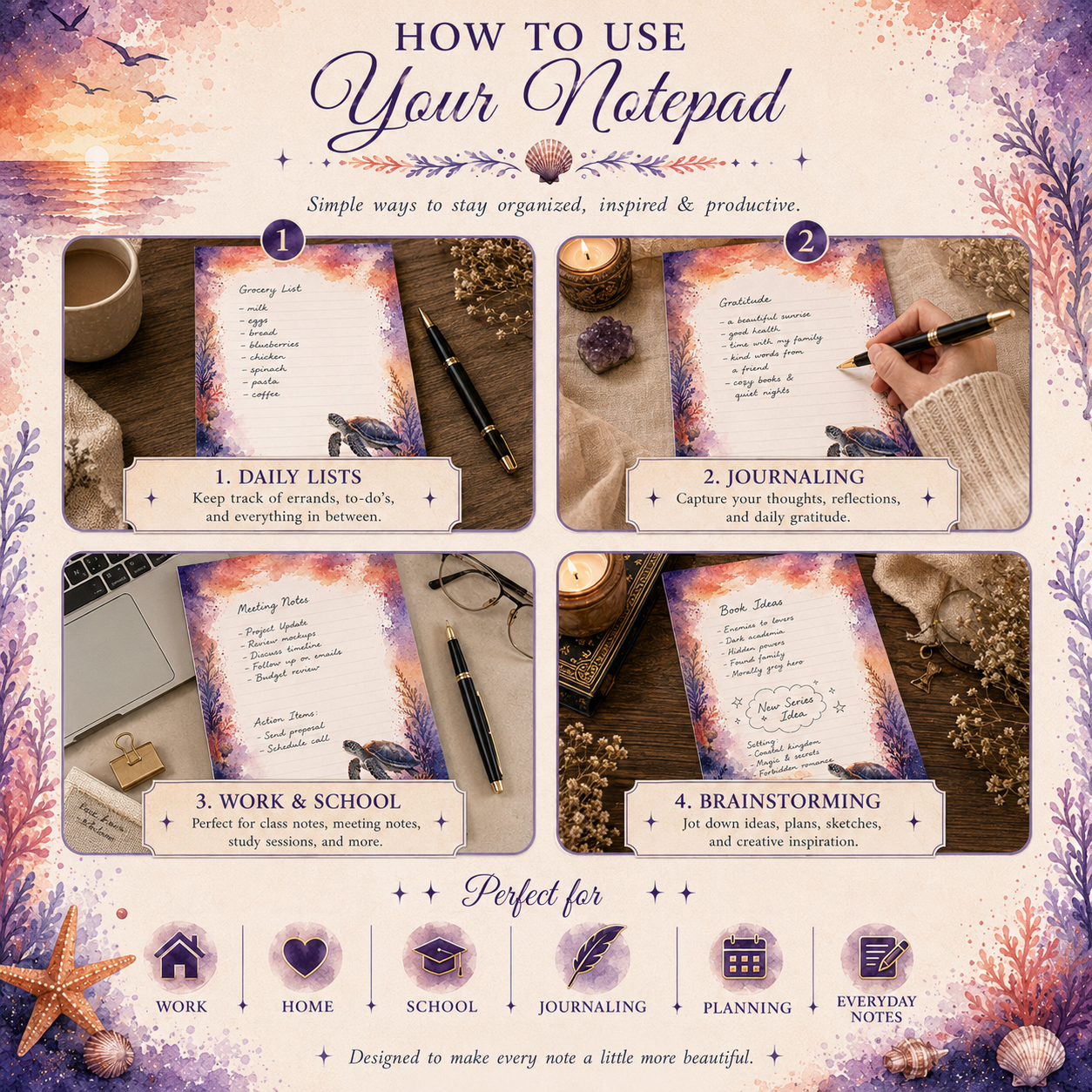 Examples of using the Ocean Dreams lined notepad for journaling, lists, planning, work notes, and everyday organization.
