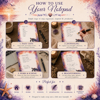 Examples of using the Ocean Dreams lined notepad for journaling, lists, planning, work notes, and everyday organization.
