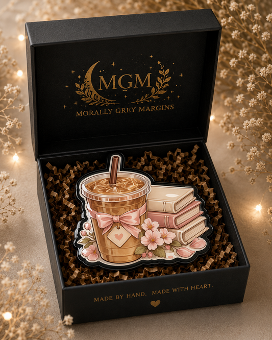 Iced coffee and stacked books MagSafe Kindle grip with pink bow and cherry blossom flowers