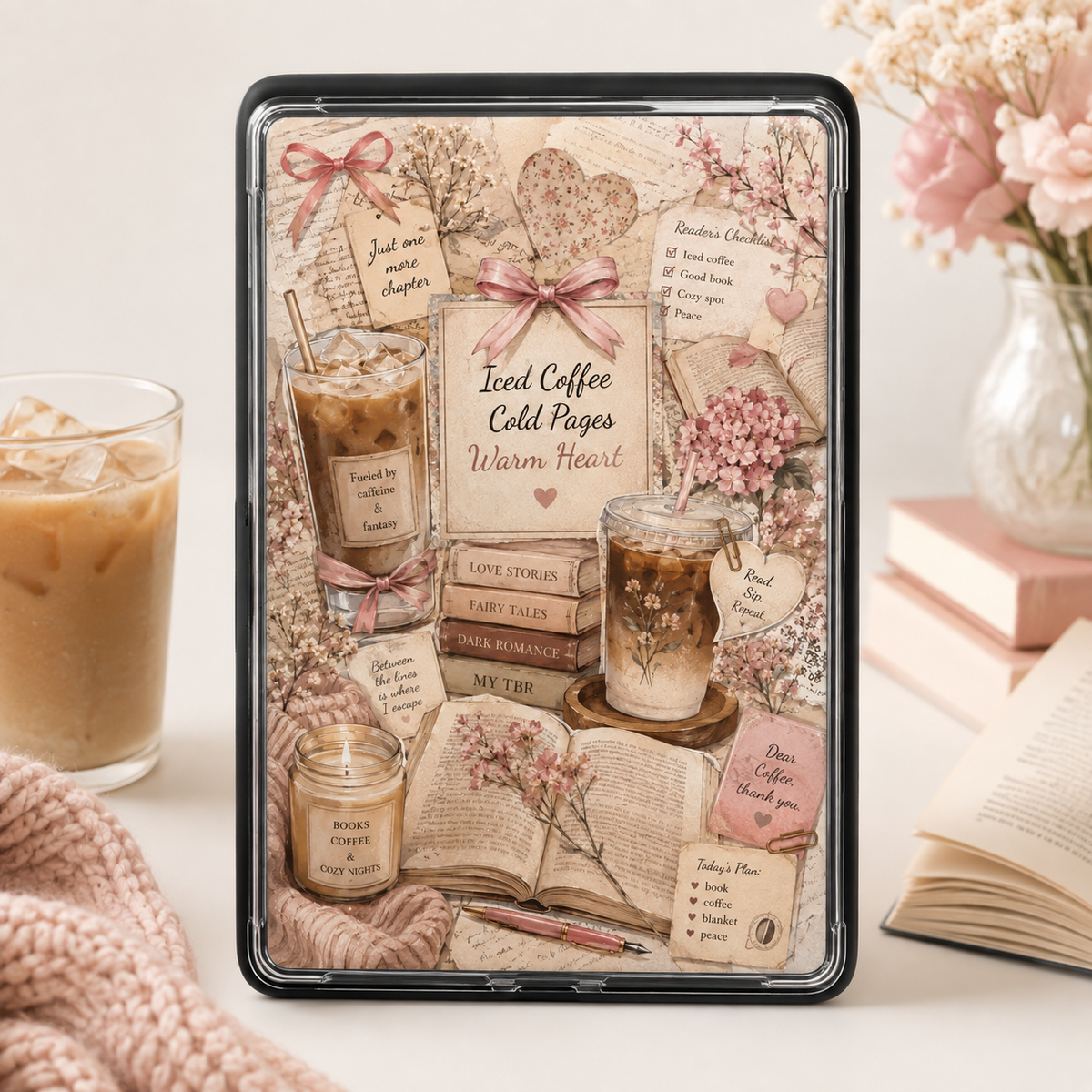 Alternate lifestyle mockup of a blush pink cozy reading Kindle insert with iced coffee, books, florals and bows.