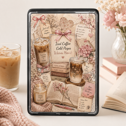 Alternate lifestyle mockup of a blush pink cozy reading Kindle insert with iced coffee, books, florals and bows.