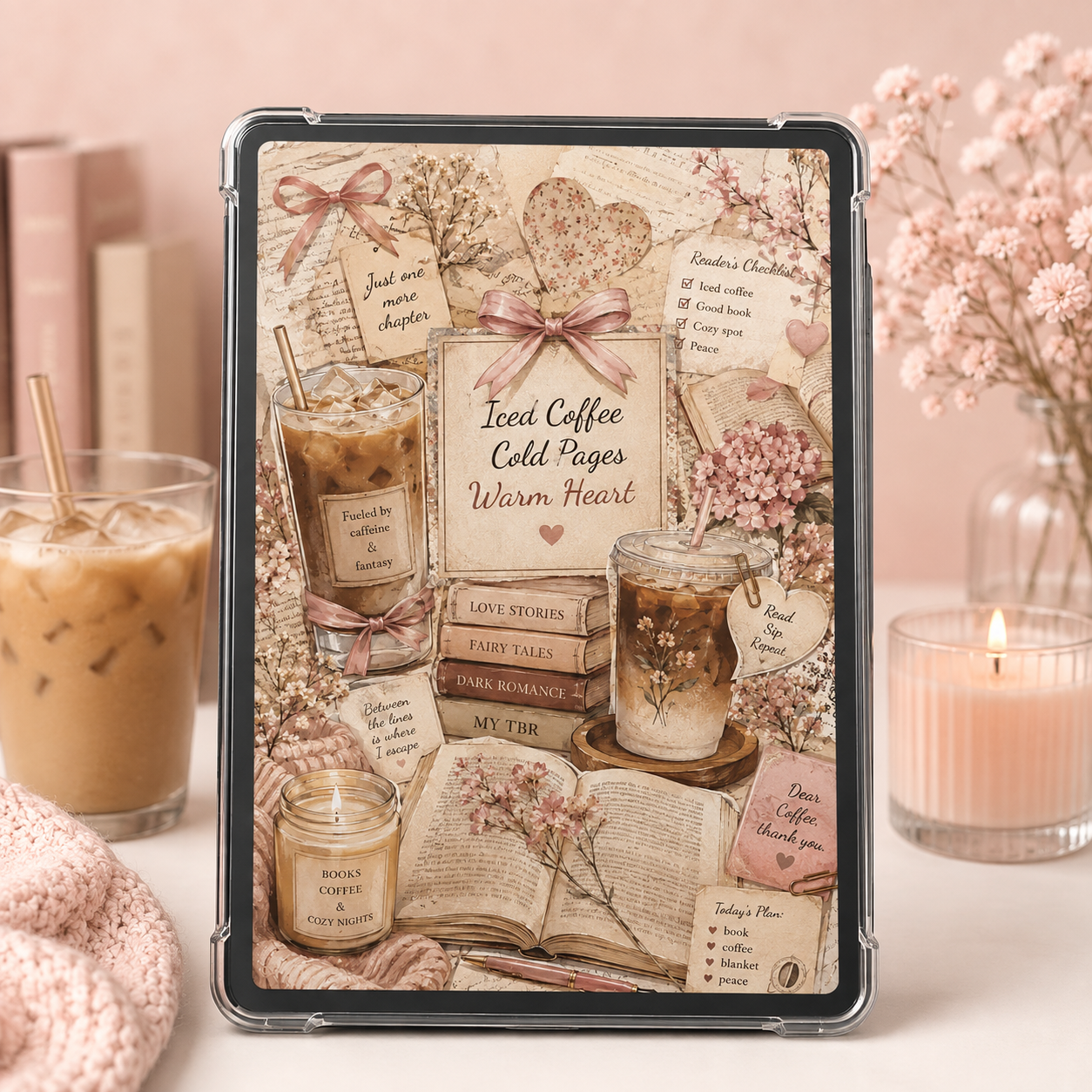 Cozy bookish Kindle insert collage with iced coffee, blush pink bows, flowers, open books and the phrase Iced Coffee Cold Pages Warm Heart.