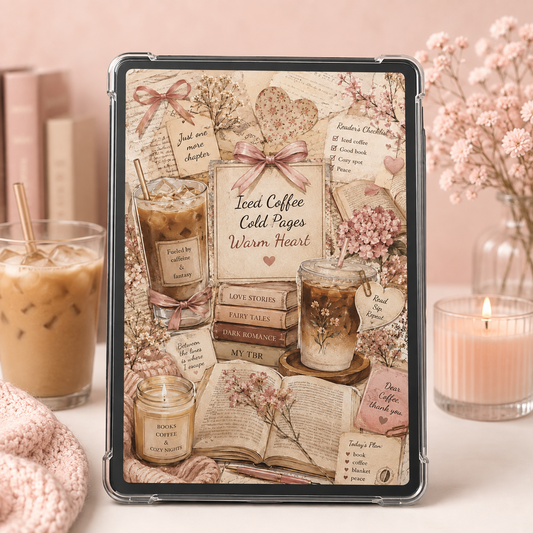 Cozy bookish Kindle insert collage with iced coffee, blush pink bows, flowers, open books and the phrase Iced Coffee Cold Pages Warm Heart.