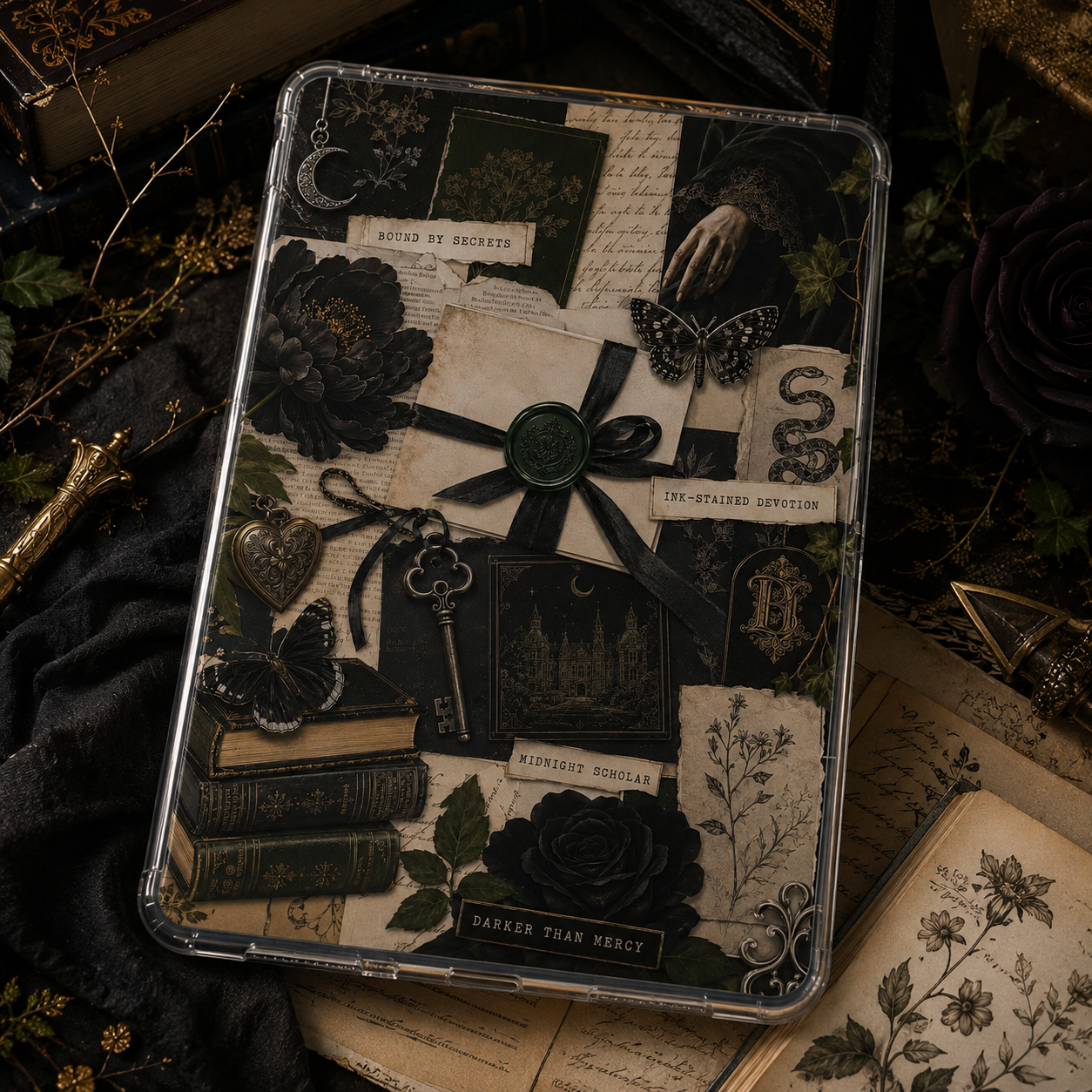 Ink-Stained Devotion Kindle insert beneath a clear case with sealed letters, black ribbon, wax seal, black roses, books, keys, and gothic collage artwork