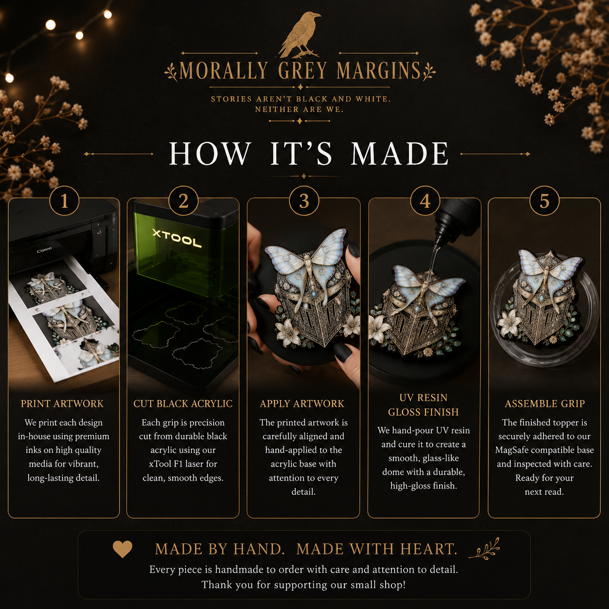 Dark fantasy Knight & Moth Kindle grip with a strong magnetic hold for Kindle and MagSafe-compatible phones.