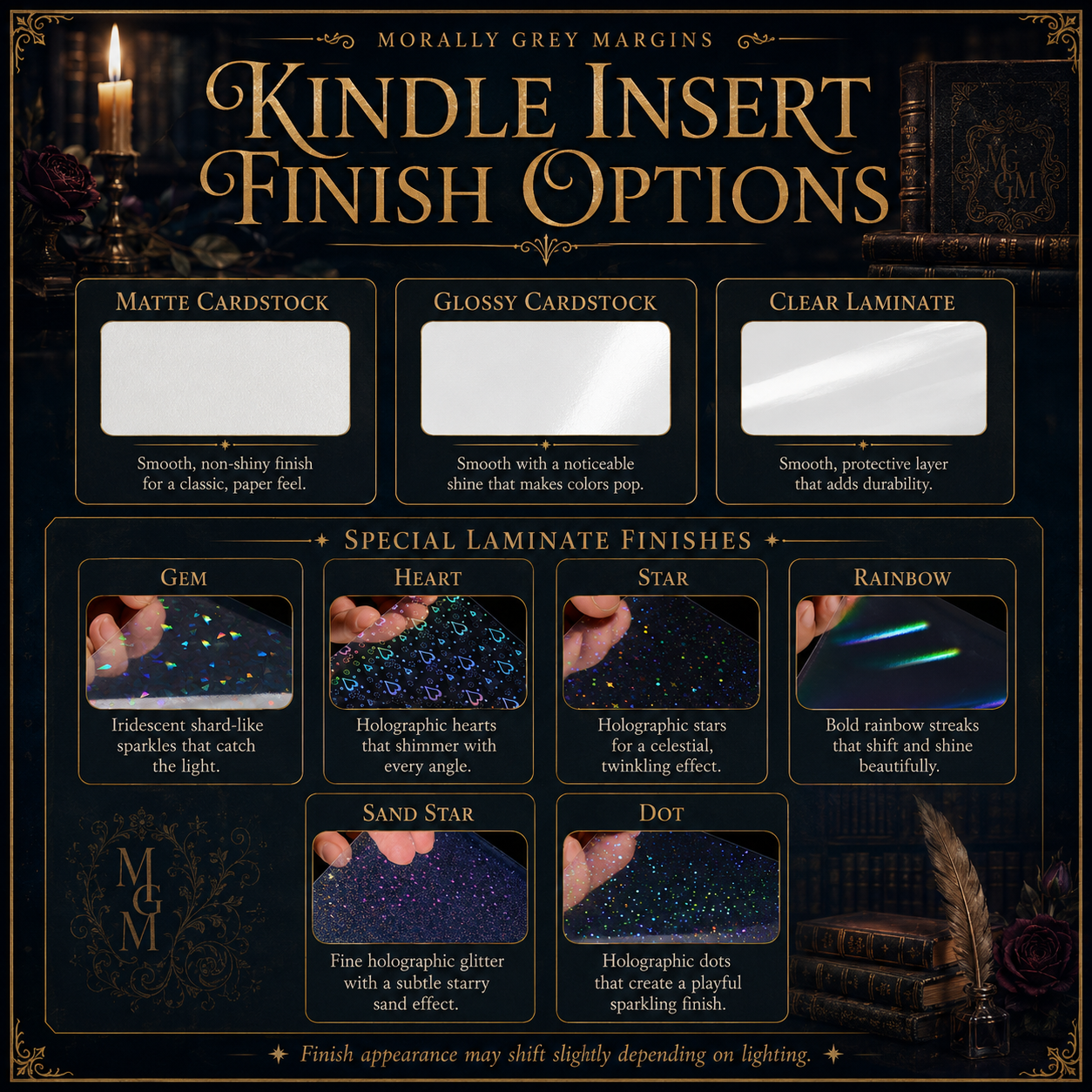 Kindle insert finish options including cardstock and decorative laminate styles