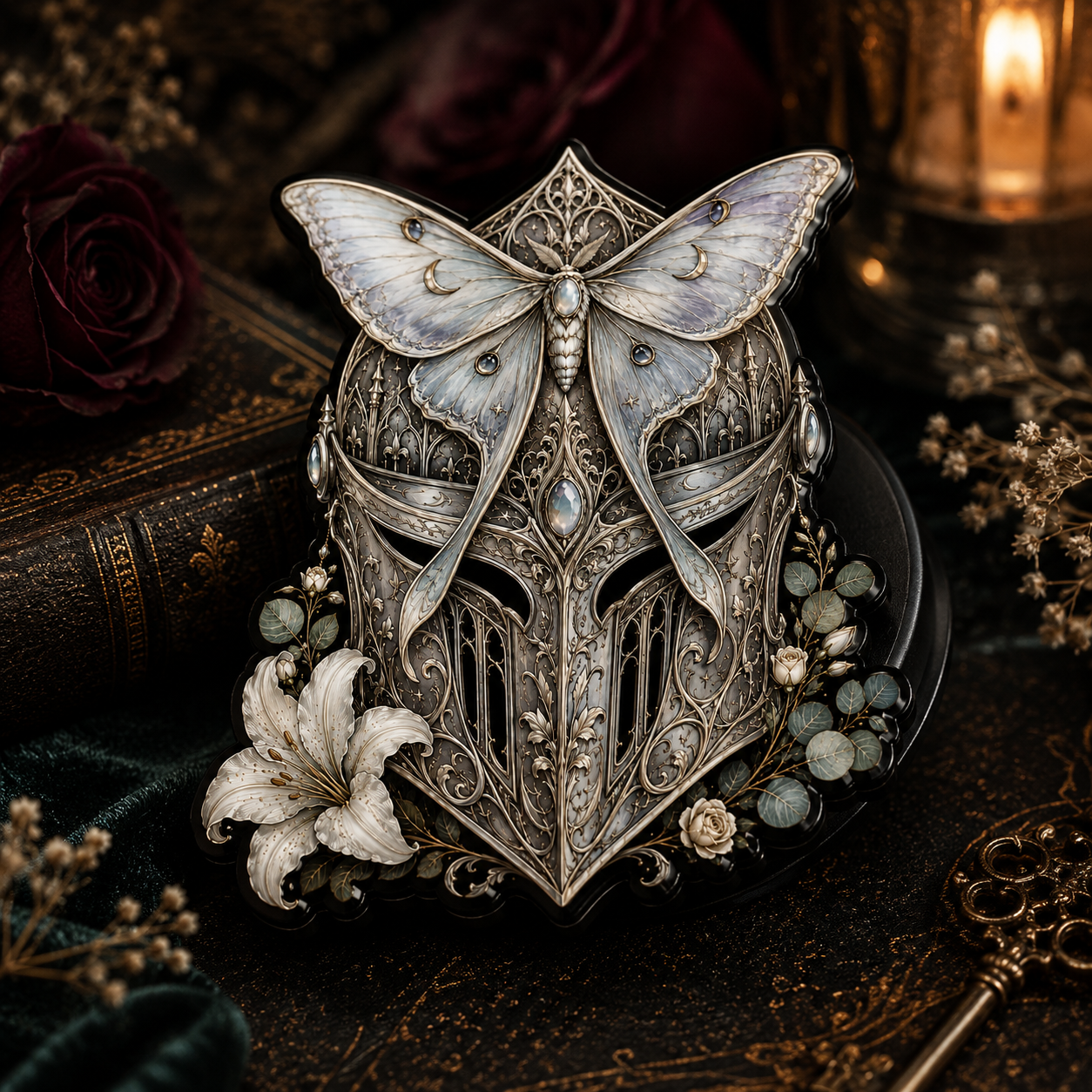 An ornate gothic-style metal helmet centerpiece with a large silver and pale lavender butterfly mounted on top, surrounded by dark green leaves, pale blue beads, and a white lily flower, set against a dark moody background with a candle and roses.