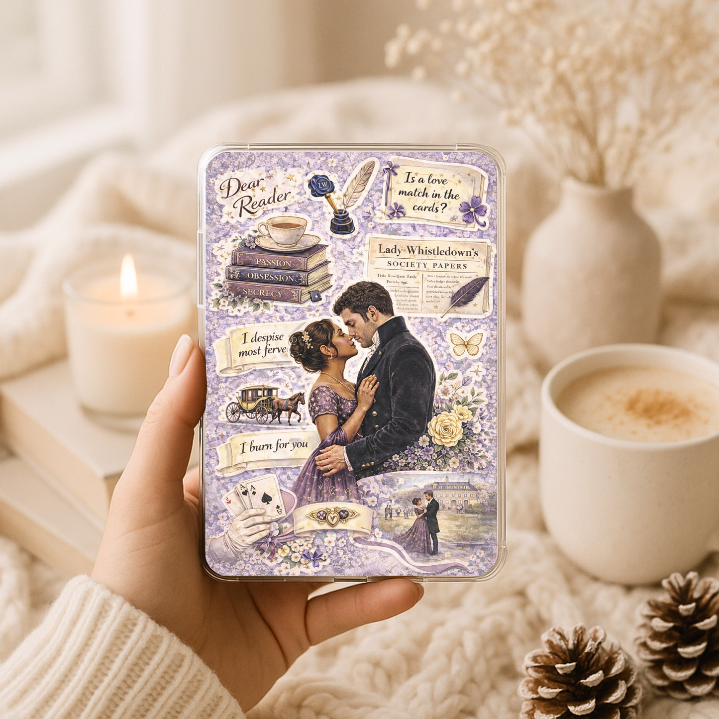 Lavender vintage romance Kindle insert designed for clear Kindle cases