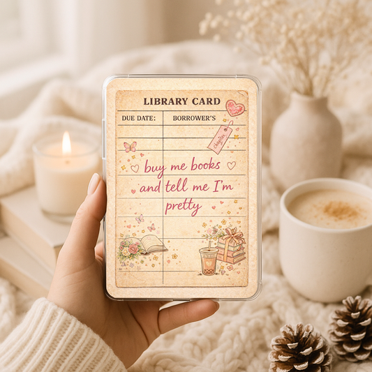 Library card style Kindle clear case insert with vintage paper texture and bookish quote
