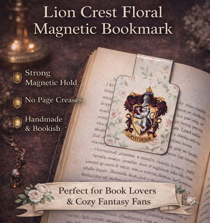 Bookish magnetic bookmark featuring a lion crest with soft floral background, handmade fantasy page marker by Morally Grey Margins