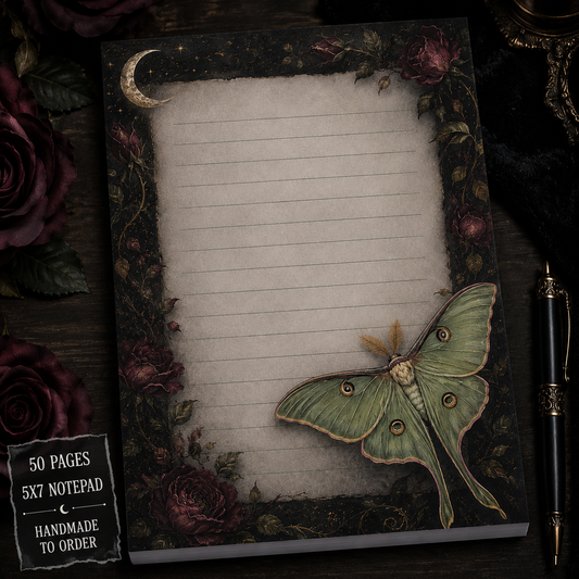 Personalized luna moth notepad featuring burgundy roses, moonlit accents, lined pages, and gothic floral artwork for readers and journal lovers.
