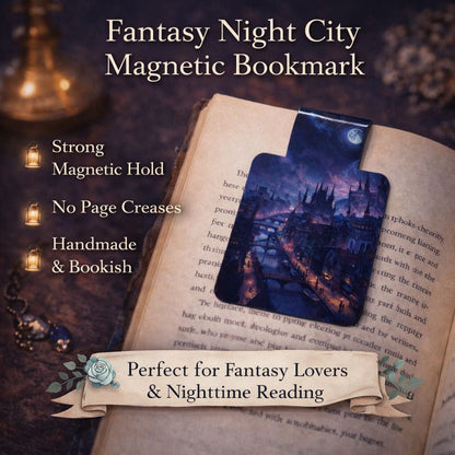Fantasy city magnetic bookmark with moonlit buildings and bridges, slim handmade bookmark for book lovers