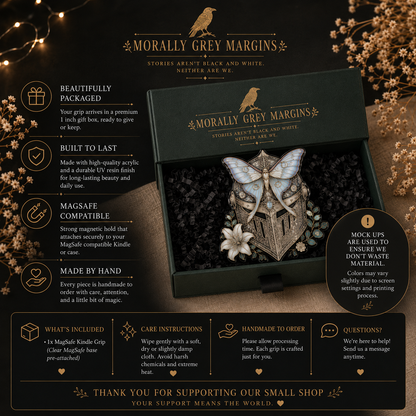 Original Knight & Moth magnetic Kindle grip featuring dark fantasy-inspired artwork for readers.
