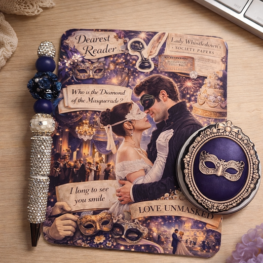 Regency masquerade romance Kindle insert with masked couple and ballroom aesthetic
