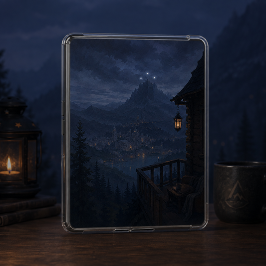 Dark fantasy mountain city Kindle insert with lantern-lit cabin balcony under three stars.