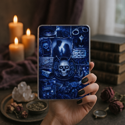 Dark romance Kindle insert featuring blue skull collage and gothic imagery inspired by Lights Out, bookish reader accessory by Morally Grey Margins