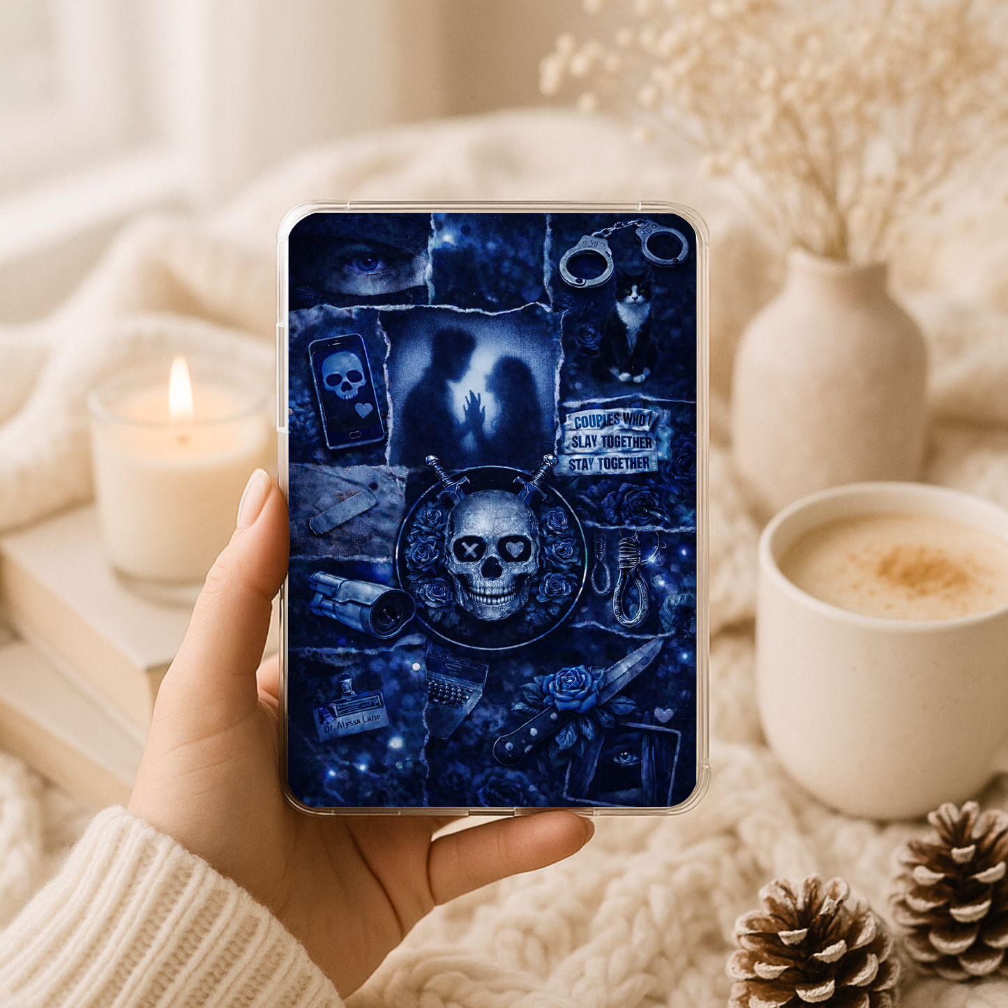 Gothic dark romance Kindle insert with skull, roses, and symbolic collage details for book lovers