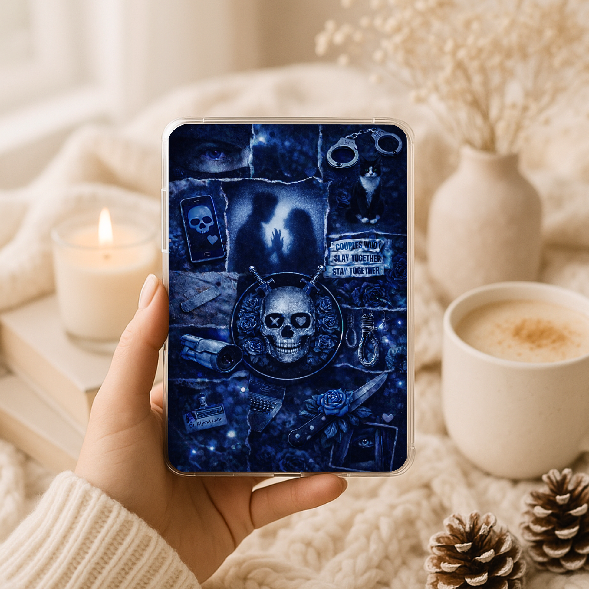 Gothic dark romance Kindle insert with skull, roses, and symbolic collage details for book lovers