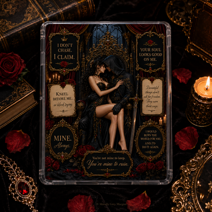 Dark gothic romance Kindle insert with black-clad couple, red roses, ornate gold frames and possessive romance quotes