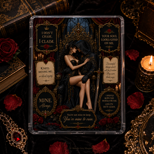 Dark gothic romance Kindle insert with black-clad couple, red roses, ornate gold frames and possessive romance quotes
