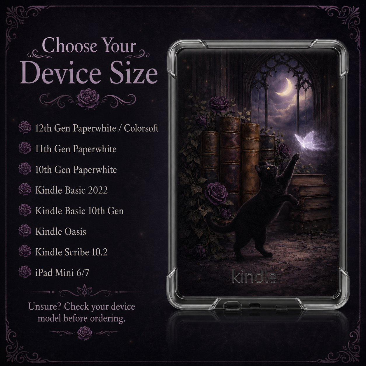 Moonlit Library Cat Kindle insert available for multiple Kindle and compatible e-reader models.