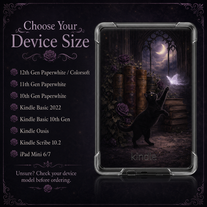 Moonlit Library Cat Kindle insert available for multiple Kindle and compatible e-reader models.