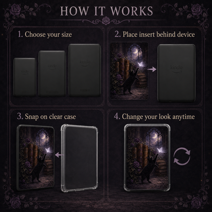 Illustration showing how the Moonlit Library Cat Kindle insert slides behind a transparent clear Kindle case.