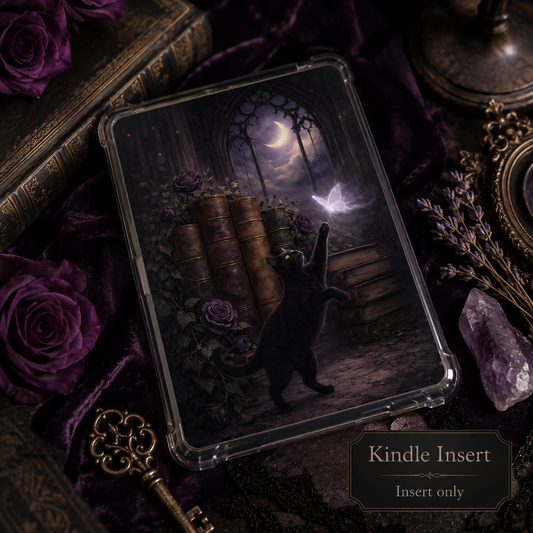 Moonlit Library Cat Kindle insert featuring a black cat reaching toward a glowing butterfly beneath a gothic moonlit window surrounded by antique books and purple roses.