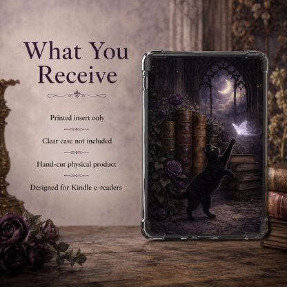 Moonlit Library Cat printed Kindle insert displayed beneath a transparent clear Kindle case.
