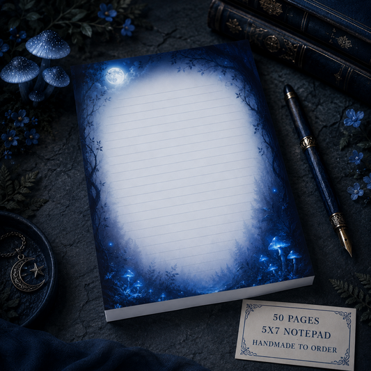 5x7 handmade lined celestial notepad with glowing blue mushrooms, moonlit forest border and deep navy fantasy stationery design.