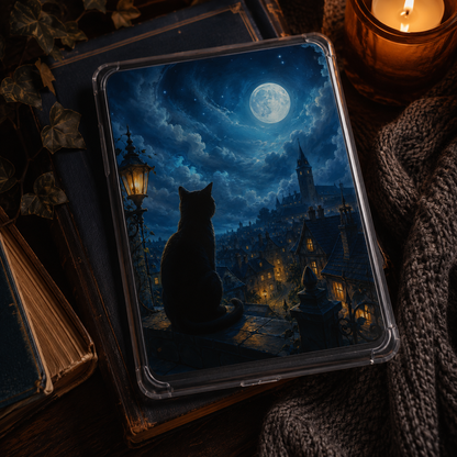 Moonlit Watch Familiar Kindle insert beneath a clear case with a black cat, full moon, gothic city rooftops, lanterns, and distant castle